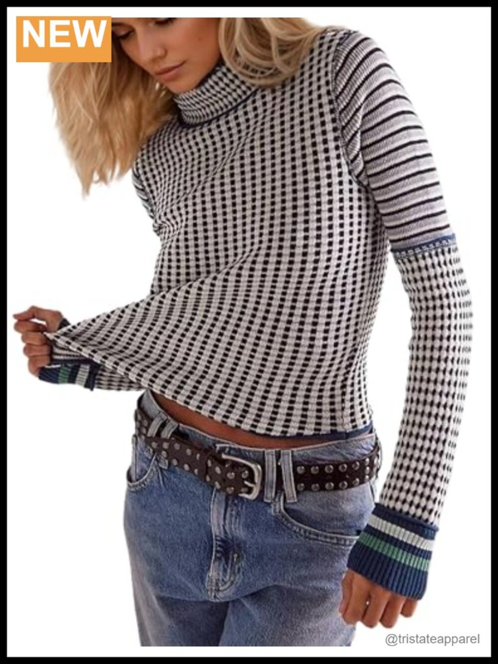 Women's Long Sleeve Plaid Mock Neck Knit Pullover Color Block Sweater